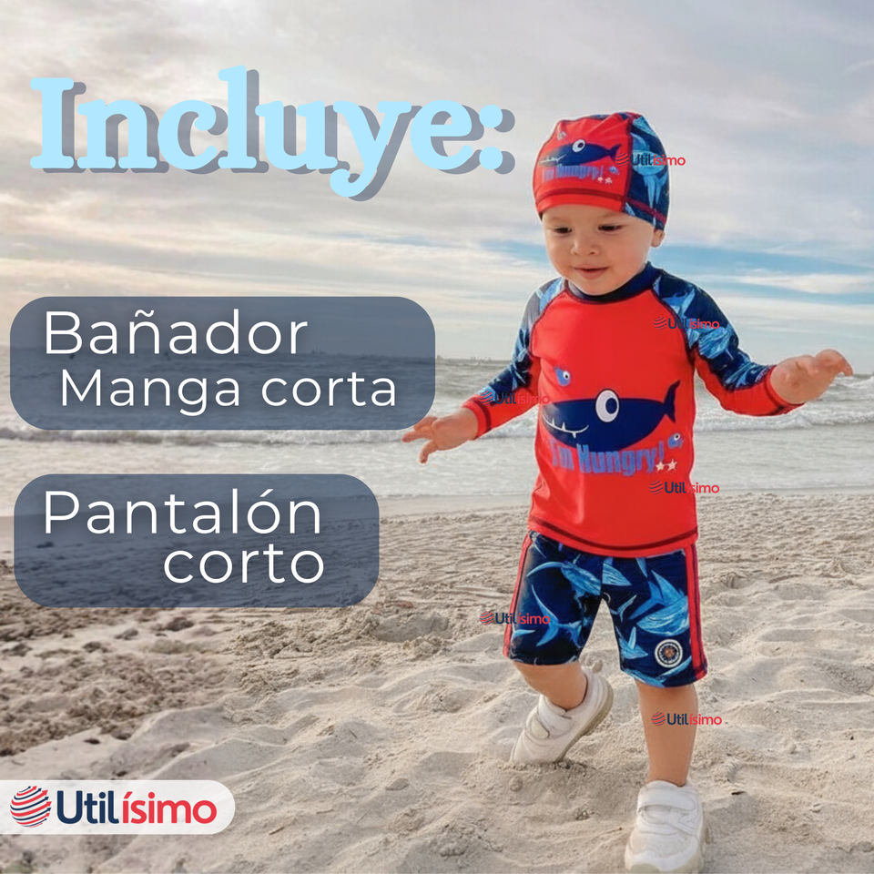 Traje de Baño Con Gorro Pantalón Corto Manga Larga 3 Piezas Corte Split Niño 1 a 5 años Red Whale