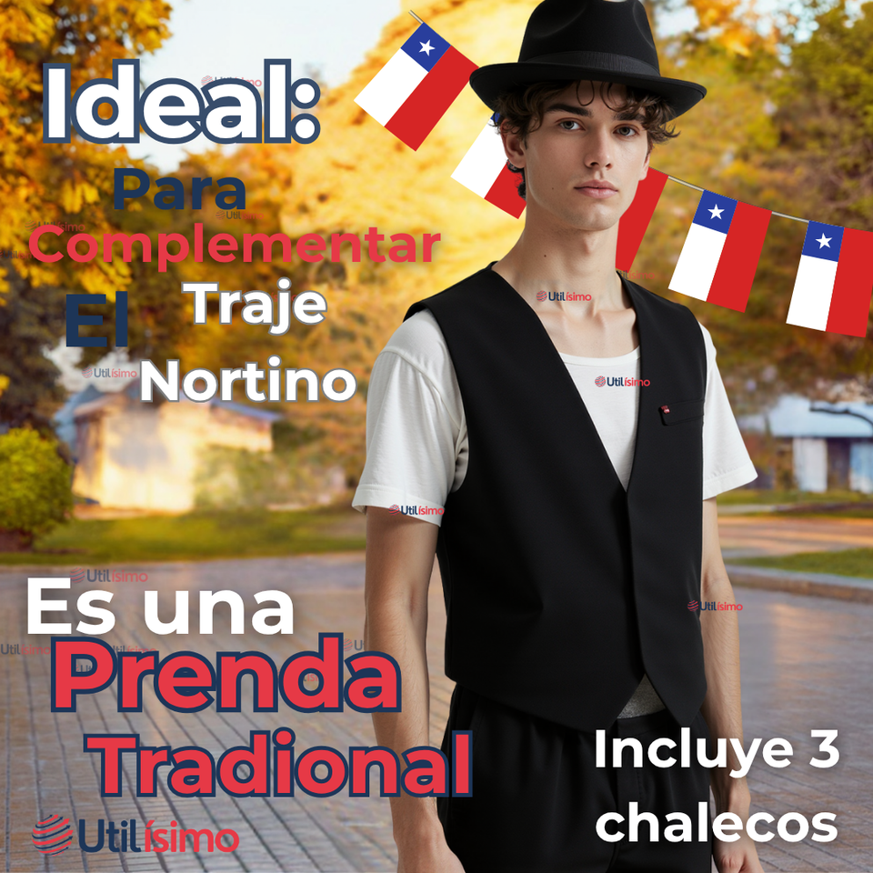 Pack 3 Chaleco Bolero Nortino Juvenil Fiestas Patrias Negro