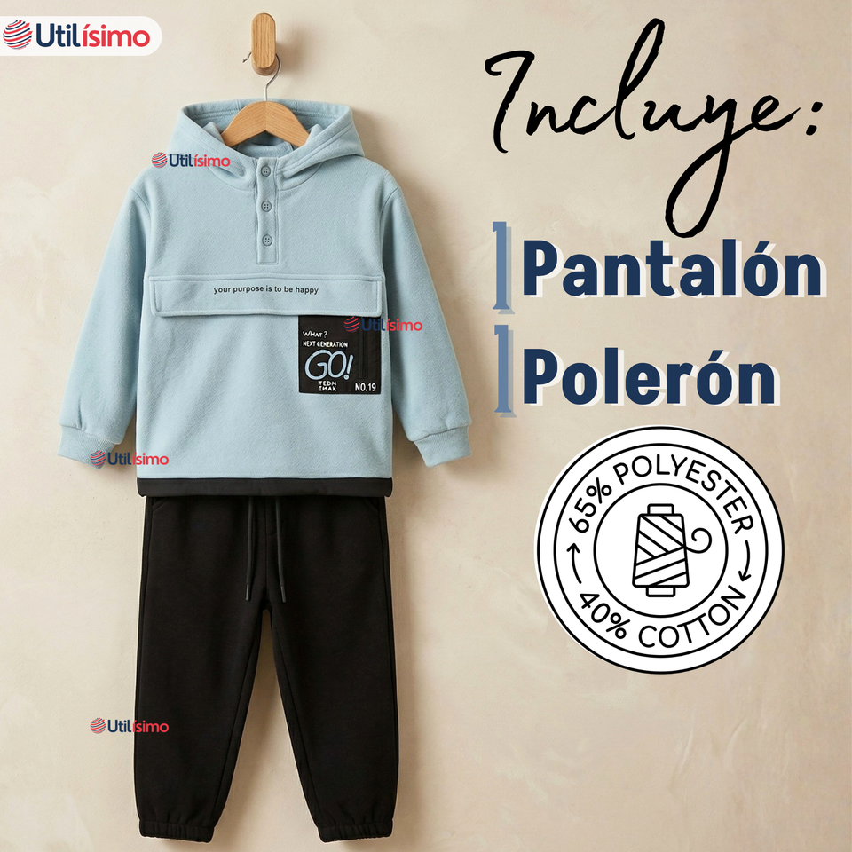 Conjunto 2 Piezas Buzo Pantalón Y Polerón Con Capucha Azul Niño