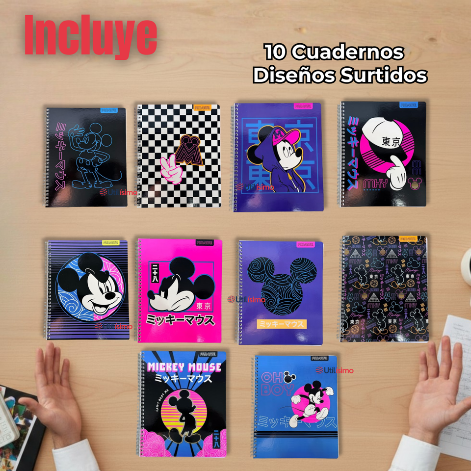 Pack 10 Cuadernos Universitarios Mickey Mouse Proarte 7mm 100 Hojas Diseños Surtidos
