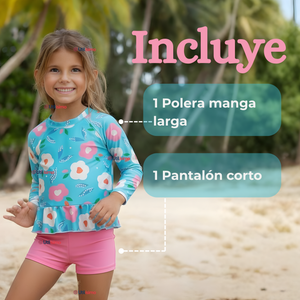 Traje De Baño Manga Larga y Pantalón Corto 2 Piezas Niña de 2 a 7 años Flowers