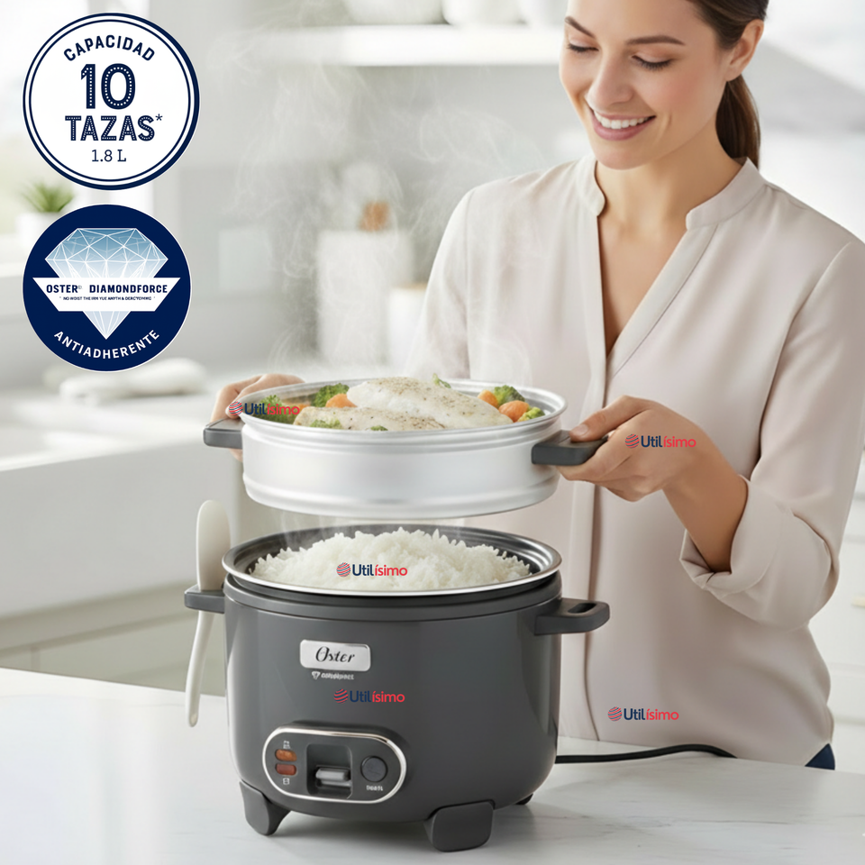 Oster Arrocera 3 en 1, 10 Tazas de Capacidad Función de Sofrito, Vaporera, Recubrimiento Antiadherente Oster DiamondForce, CKSTRC10DFSKE
