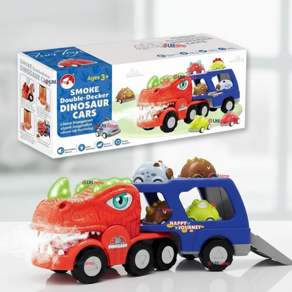 Camión De Dinosaurio 8 Mini Coches 2 Niveles Música Luces Juguete Niño
