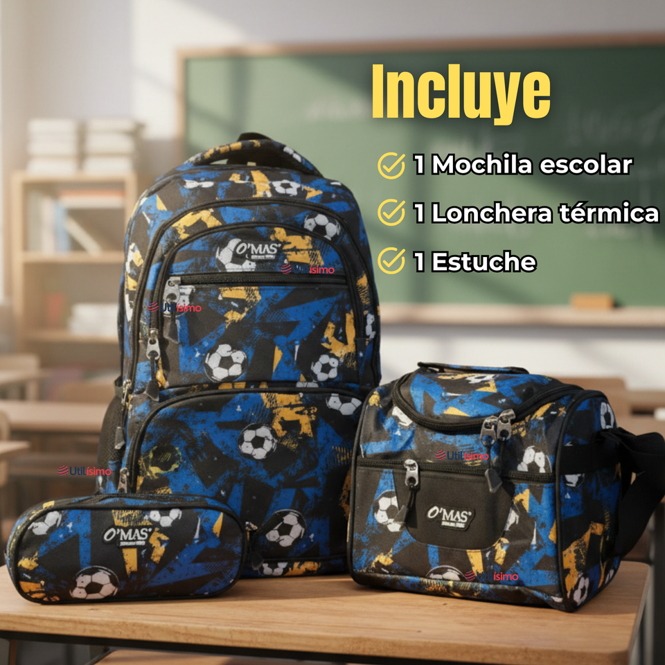 Mochila Escolar Kit Con Estuche y Lonchera 45cm Tela Oxford Futbol Niño