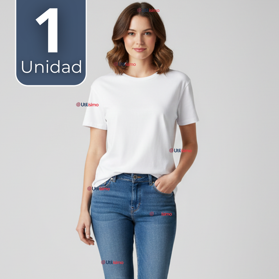 Camiseta Polera 100% Algodón Básica Lisa Elástica Mujer Blanco