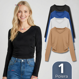 Camiseta Polar Polera Cuello V Mujer Manga Larga Tela Acanalada Colores Surtidos
