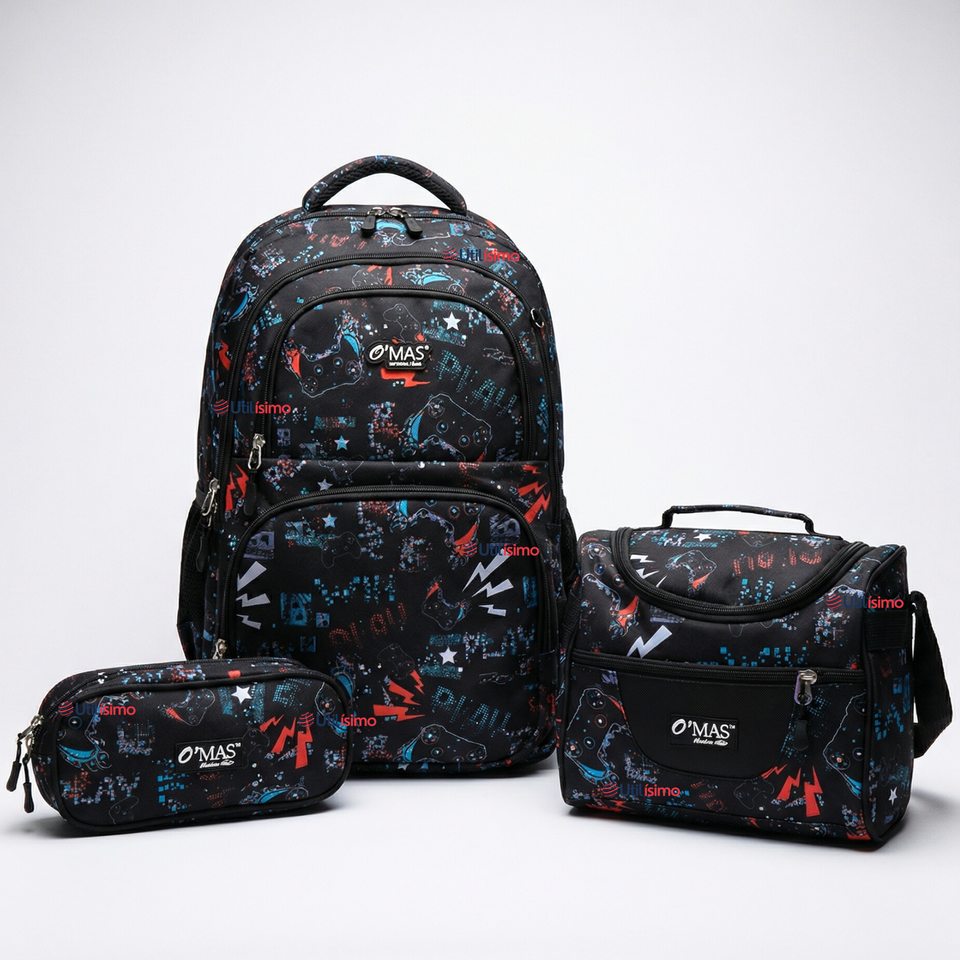 Mochila Escolar + Estuche + Lonchera 45cm Tela Oxford Estampado Gamer Niño
