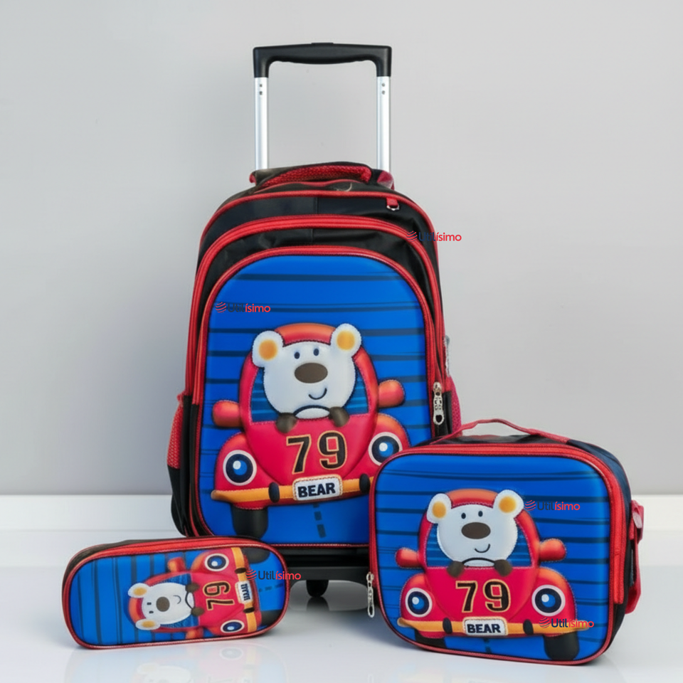 Mochila Escolar Con Ruedas + Estuche + Lonchera Poliéster Oso Niño