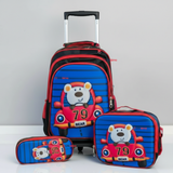Mochila Escolar Con Ruedas + Estuche + Lonchera Poliéster Oso Niño