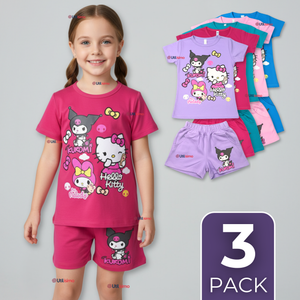 Pack 3 Conjunto Sanrio 100% Algodón Polera Pantalón Corto Niña Kuromi Hello Kitty My Melody