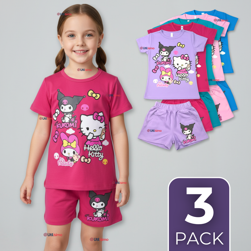 Pack 3 Conjunto Sanrio 100% Algodón Polera Pantalón Corto Niña Kuromi Hello Kitty My Melody