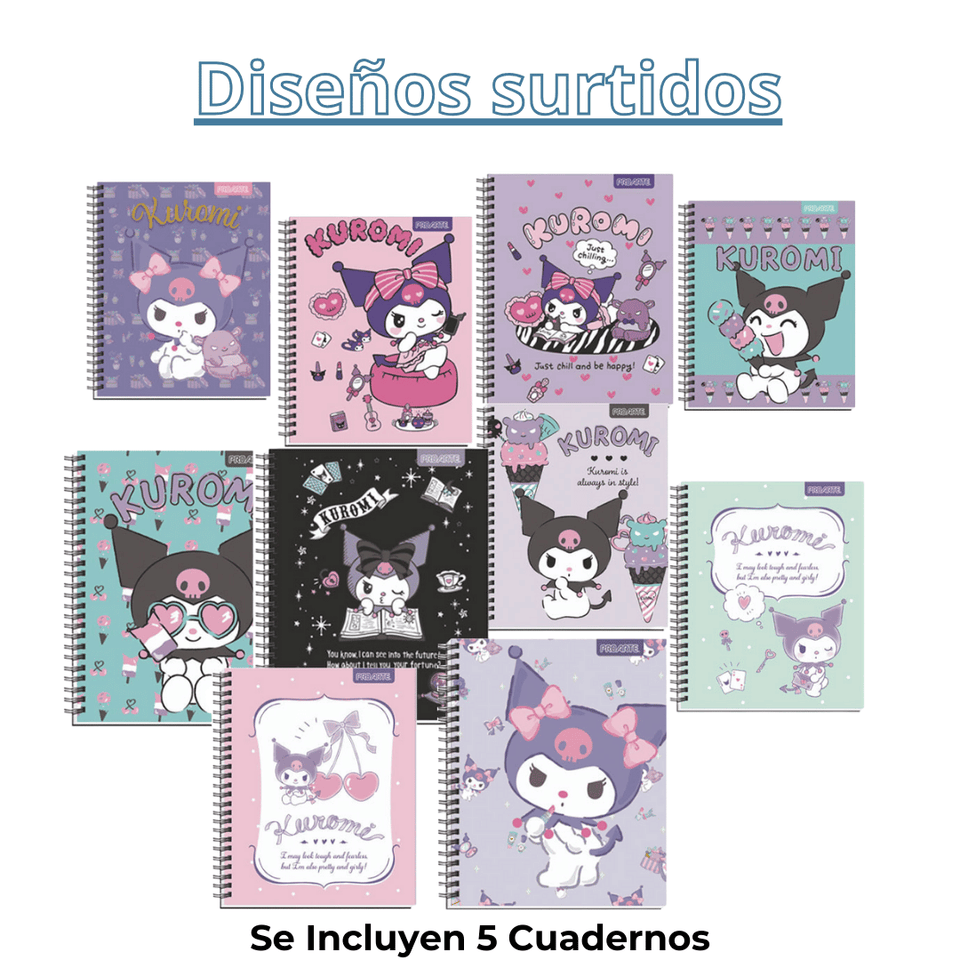 Pack 5 Cuadernos Universitarios Kuromi Marca Pro Arte Diseños Surtidos 100 Hojas