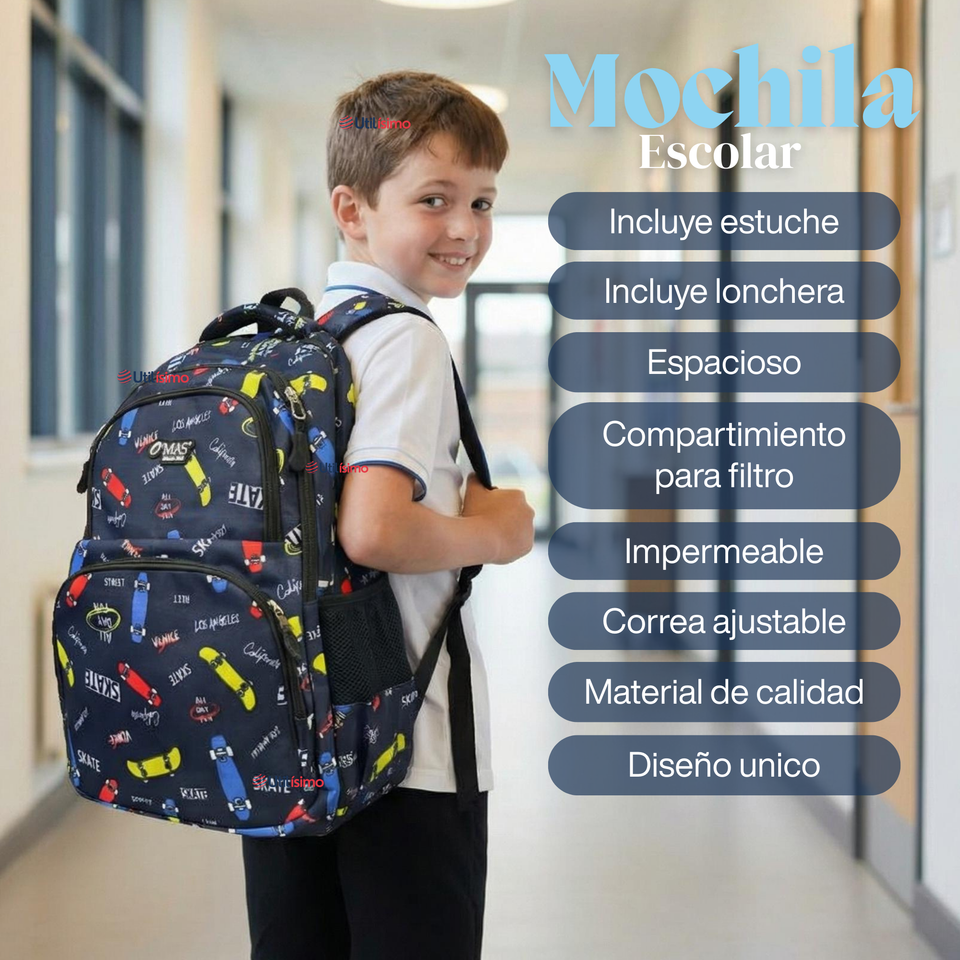 Mochila Bolso Escolar + Lonchera + Estuche 45Cm Niño Tela Oxford