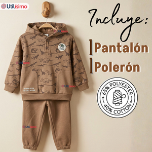 Conjunto 2 Piezas Buzo Pantalón Y Polerón Con Capucha Beige Dinosaurio Niño