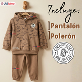 Conjunto 2 Piezas Buzo Pantalón Y Polerón Con Capucha Beige Dinosaurio Niño