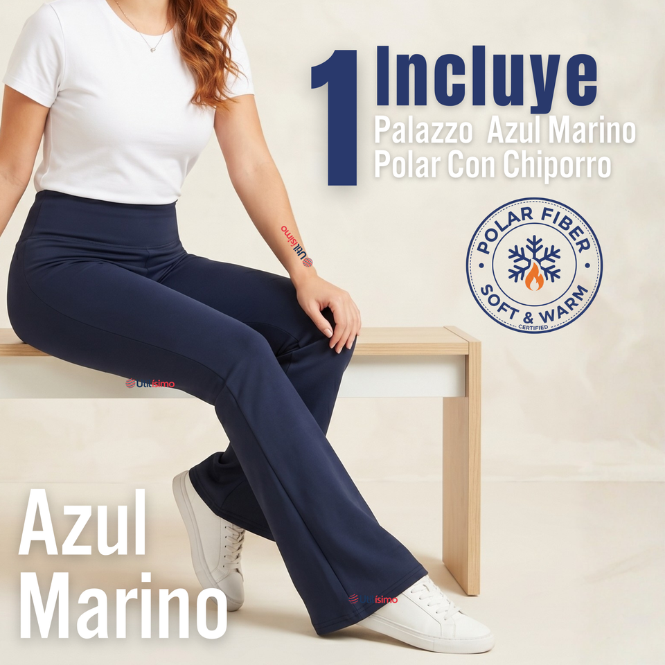 Calza Polar Con Chiporro Palazzo Mujer Elasticada Térmica Azul Marino