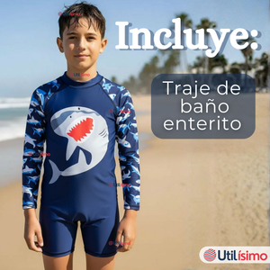 Traje de Baño Enterito Con Cremallera Manga Larga Niño 2 a 6 años Blue Shark