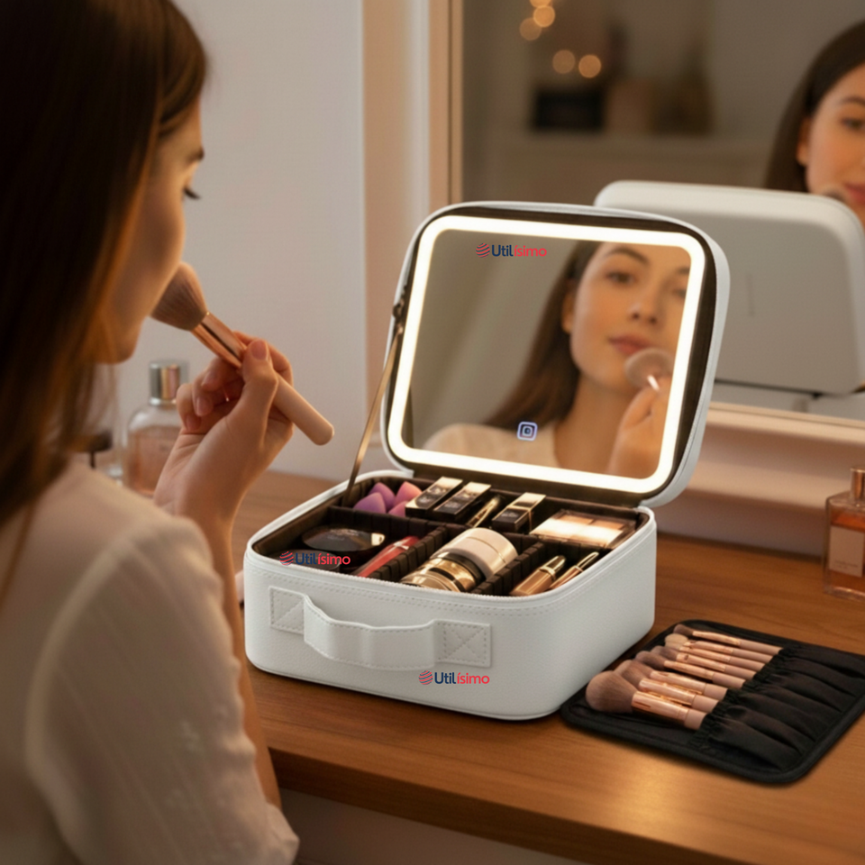 Estuche Maquillaje 2 en 1 Bolso Cosmetiquero Espejo Con Luz Led Organizador