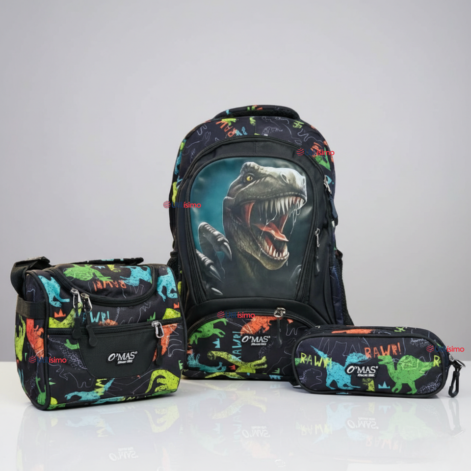Mochila Escolar Kit Con Estuche y Lonchera 43cm Tela Oxford Dino Niño