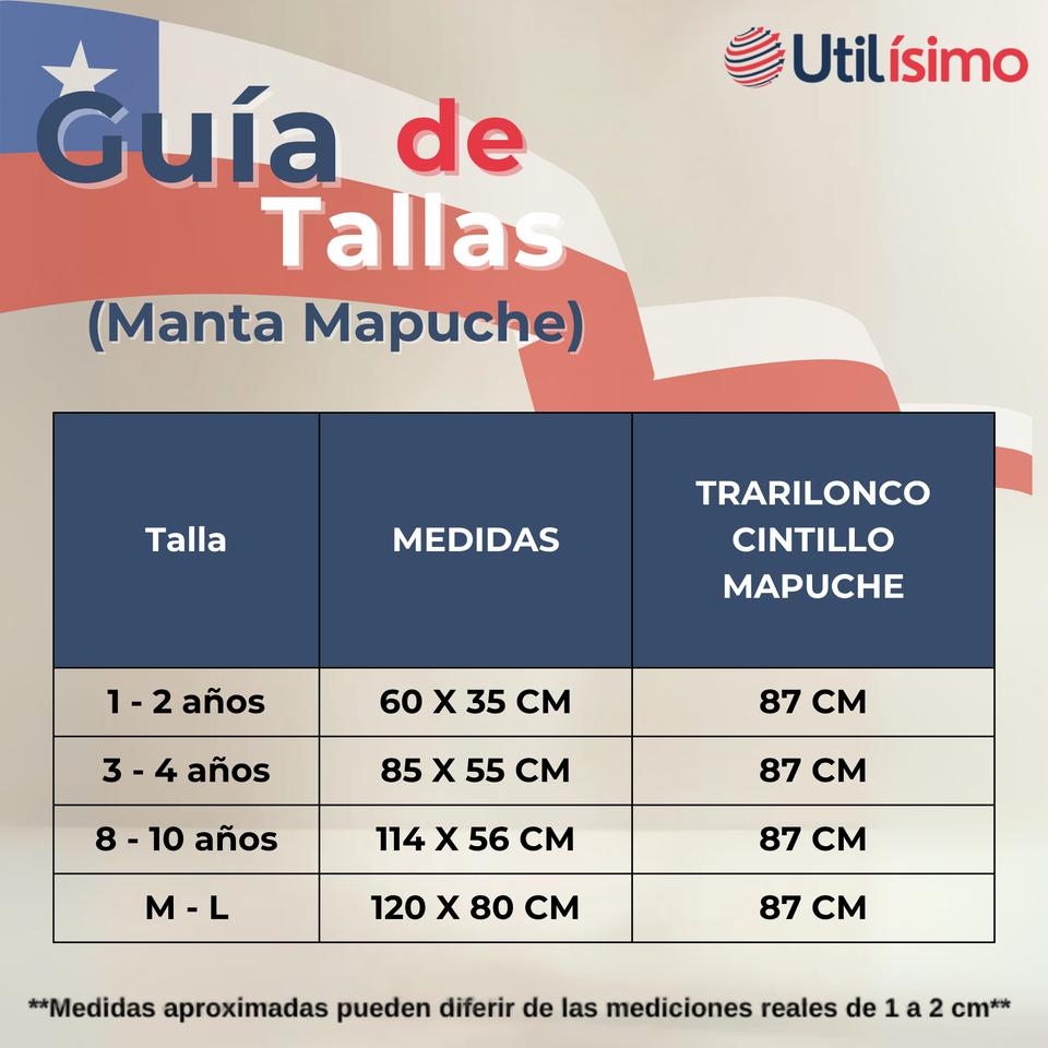 Set Poncho Manta Mapuche LANA GRUESO 60x35CM +TRARILONCO CINTILLO MAPUCHE 87CM Fiestas Patrias