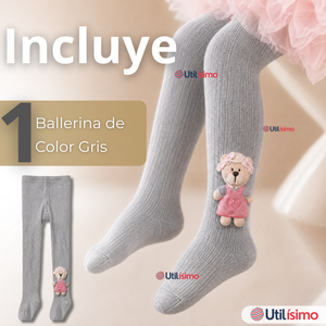 Panty 3D Osito Gris Tejida Niña Ballerina 78% Algodón Premium