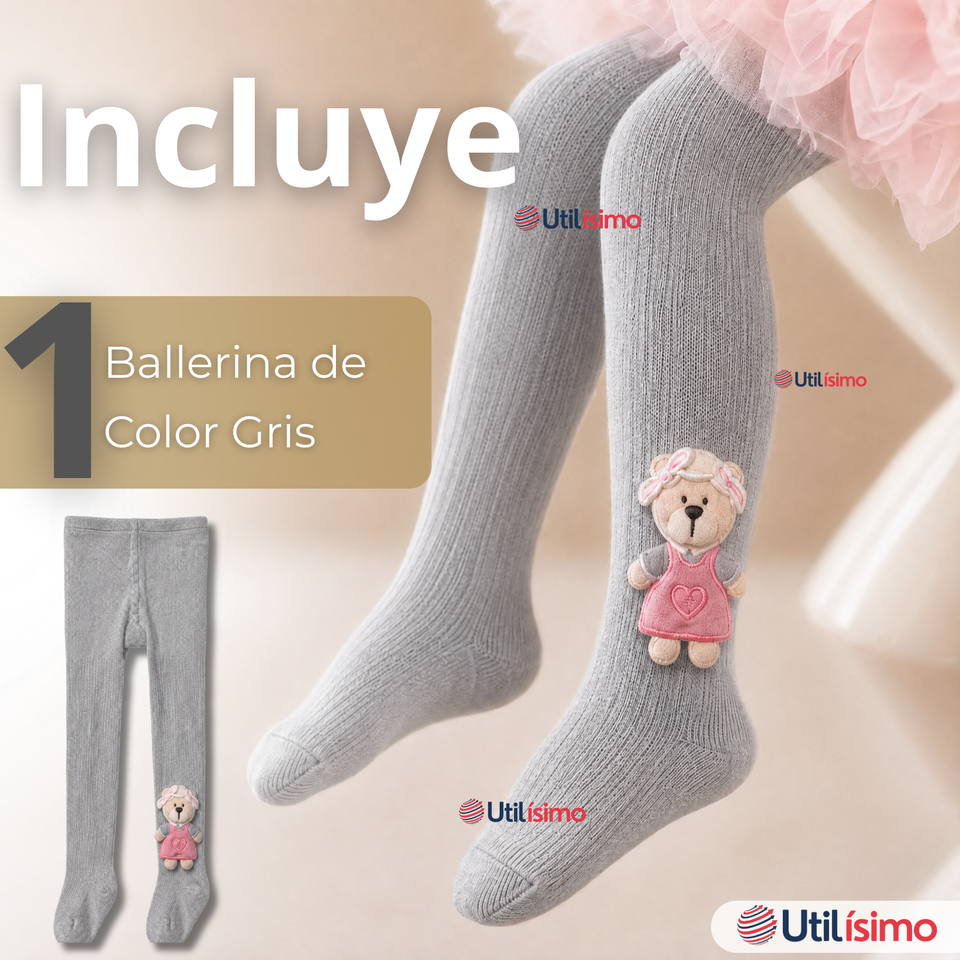 Panty 3D Osito Gris Tejida Niña Ballerina 78% Algodón Premium