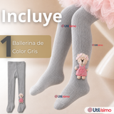 Panty 3D Osito Gris Tejida Niña Ballerina 78% Algodón Premium