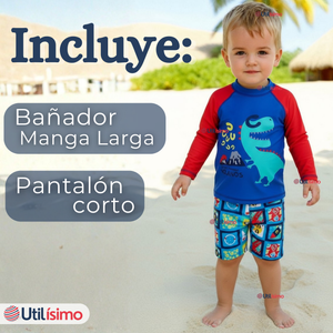 Traje de Baño Manga Larga Pantalón Corto 2 Piezas Corte Split Niño 3 a 9 años Blue Dinosaur