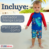 Traje de Baño Manga Larga Pantalón Corto 2 Piezas Corte Split Niño 3 a 9 años Blue Dinosaur