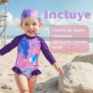 Traje De Baño Enterito Manga Larga con Cremallera y Gorro Bebe Niña Purple Mermaid