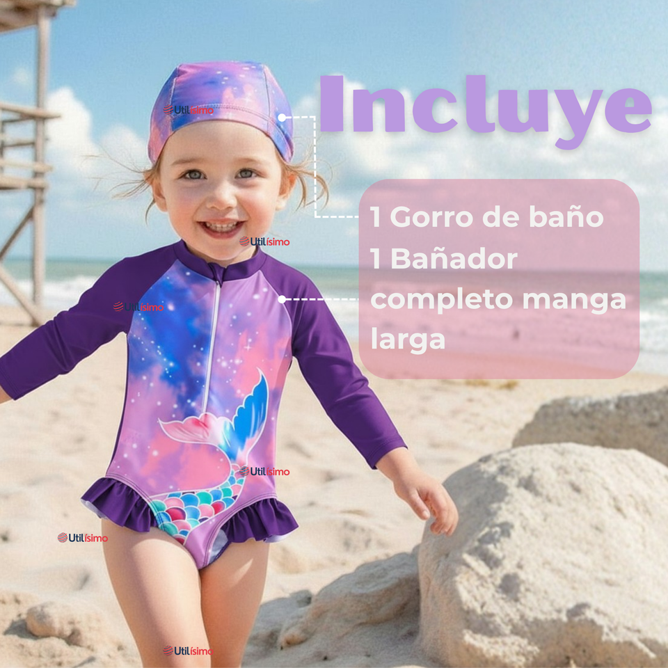 Traje De Baño Enterito Manga Larga con Cremallera y Gorro Bebe Niña Purple Mermaid