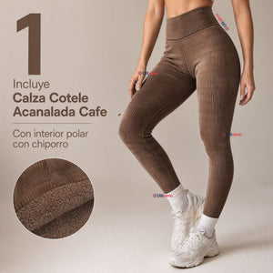 Calza Acanalada Cotelé Polar Con Chiporro Térmica Mujer Elásticada Café
