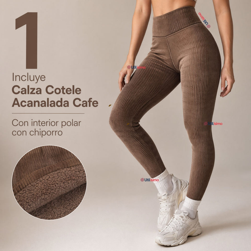 Calza Acanalada Cotelé Polar Con Chiporro Térmica Mujer Elásticada Café