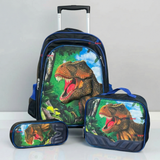 Mochila Escolar Con Ruedas + Estuche + Lonchera Poliéster Dinosaurio Niño