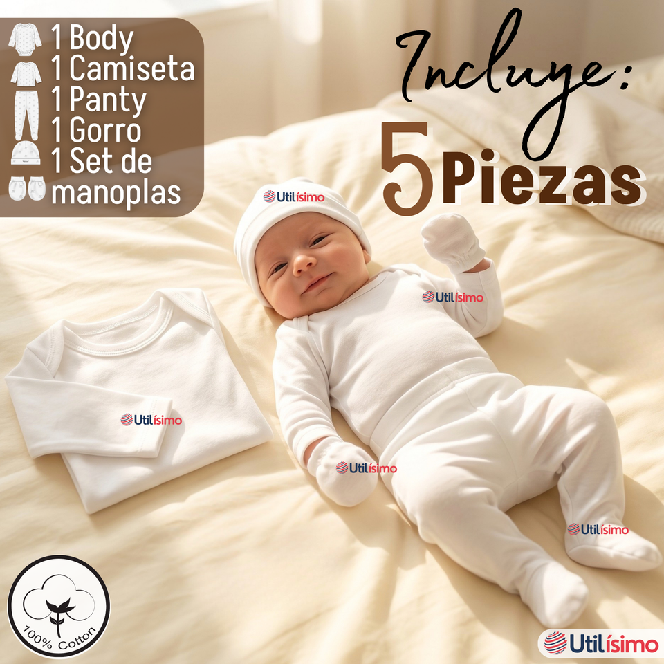 Conjunto Set 5 Piezas Body Camiseta Panty Gorro Manoplas Algodón Blanco Bebé Unisex