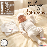 Conjunto Set 5 Piezas Body Camiseta Panty Gorro Manoplas Algodón Blanco Bebé Unisex