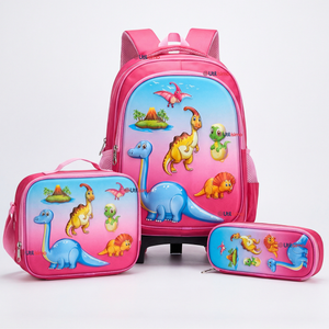 Mochila Escolar Con Ruedas + Estuche + Lonchera 46cm Desmontable Poliéster Rosa Dinosaurio Niña