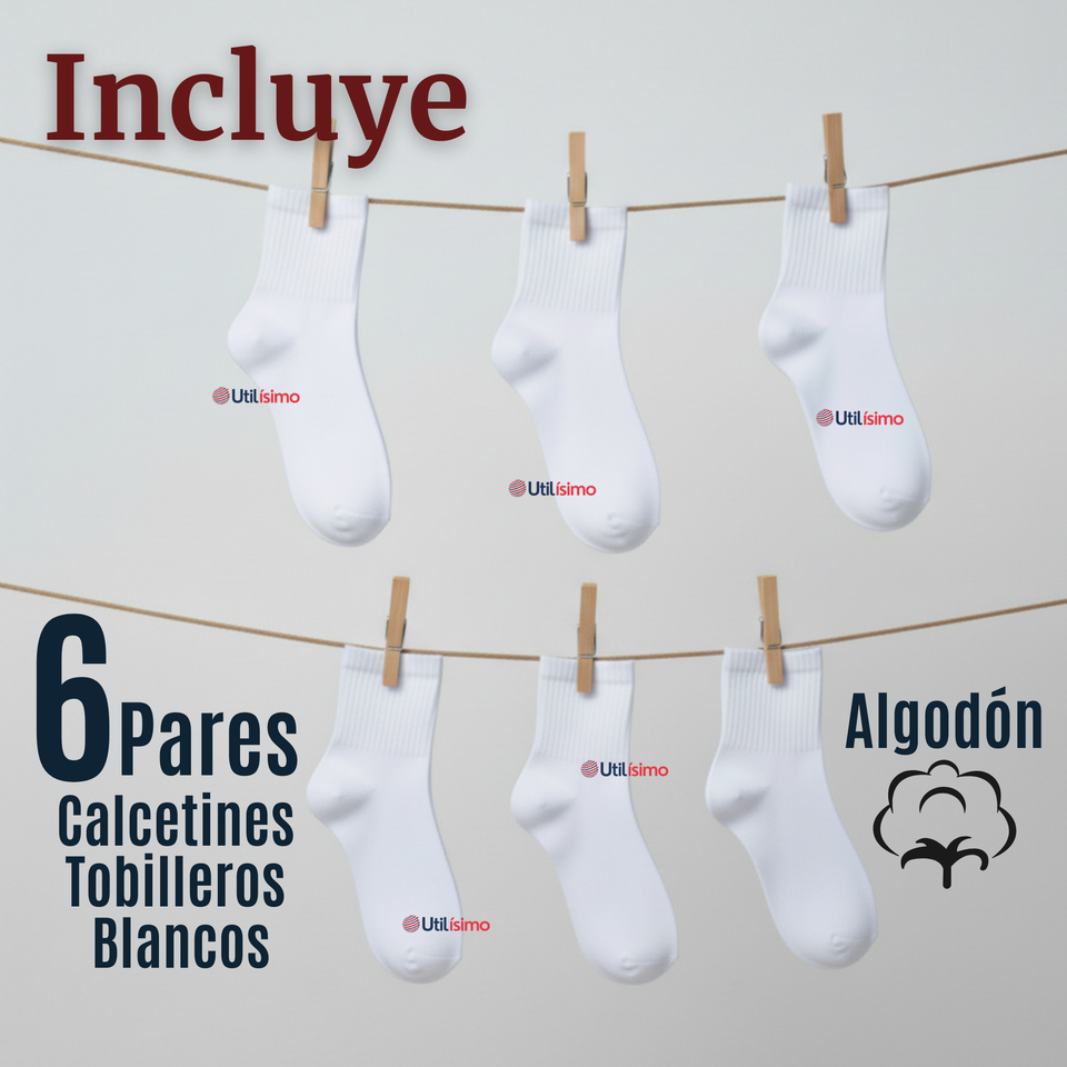 Pack 6 Pares Calcetines Tobilleras Cortos Algodón Color Blanco Niña y Niño