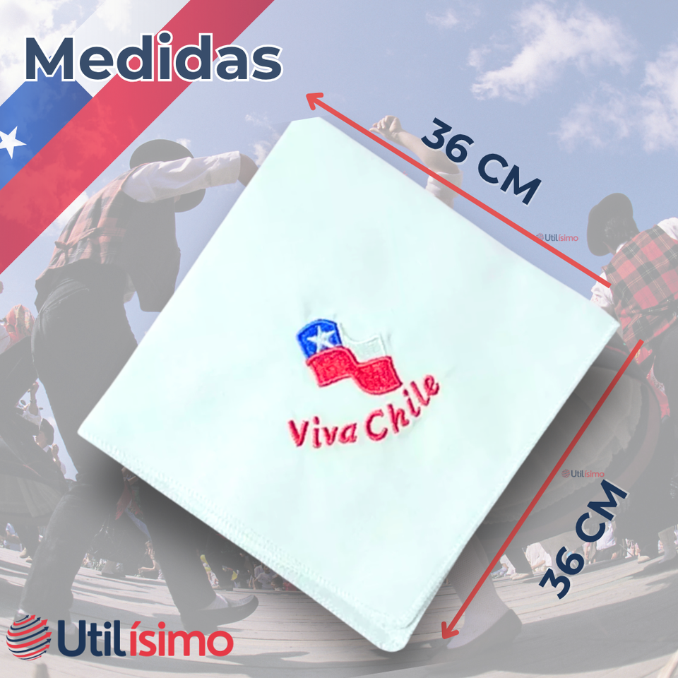 Pack 6 Pañuelos Baile Cueca 36 CM Bordado Viva Chile Baile Fiestas Patrias