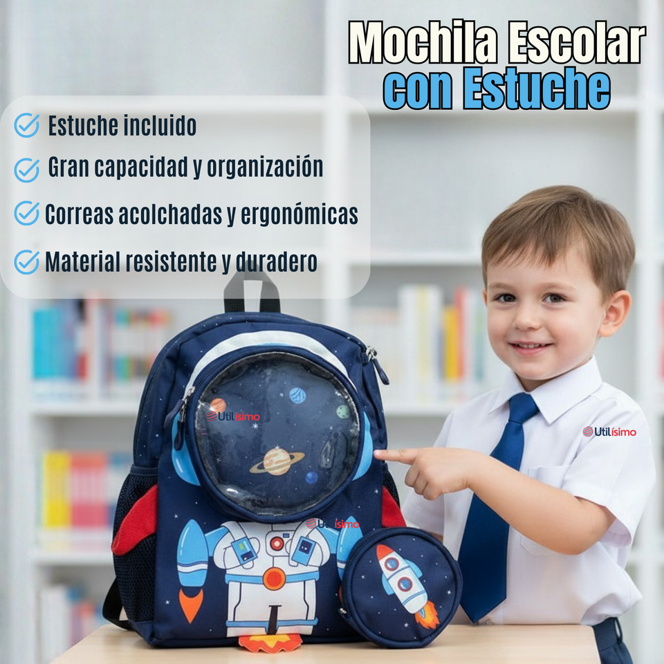Mochila Escolar Con Estuche 33cm Poliéster Impermeable Astronauta Niño