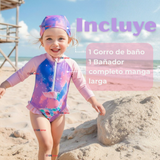 Traje De Baño Enterito Manga Larga con Cremallera y Gorro Bebe Niña Pink Mermaid