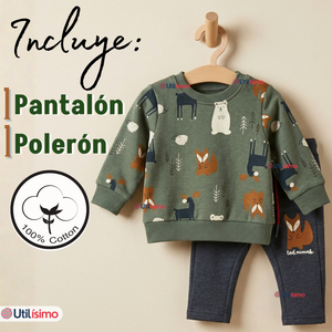 Conjunto 2 Piezas Buzo Pantalón Y Polerón De Algodón Verde Animales Bebé Niño