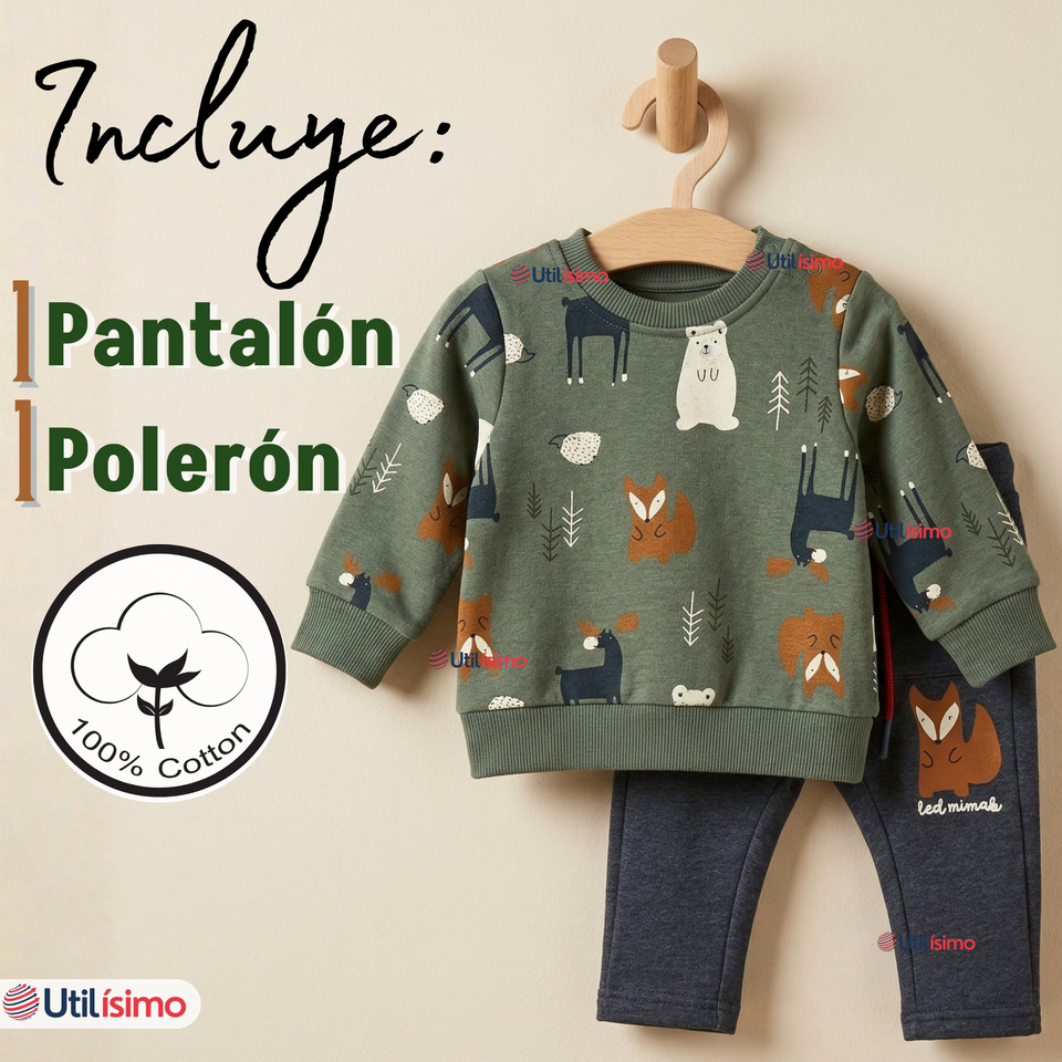 Conjunto 2 Piezas Buzo Pantalón Y Polerón De Algodón Verde Animales Bebé Niño