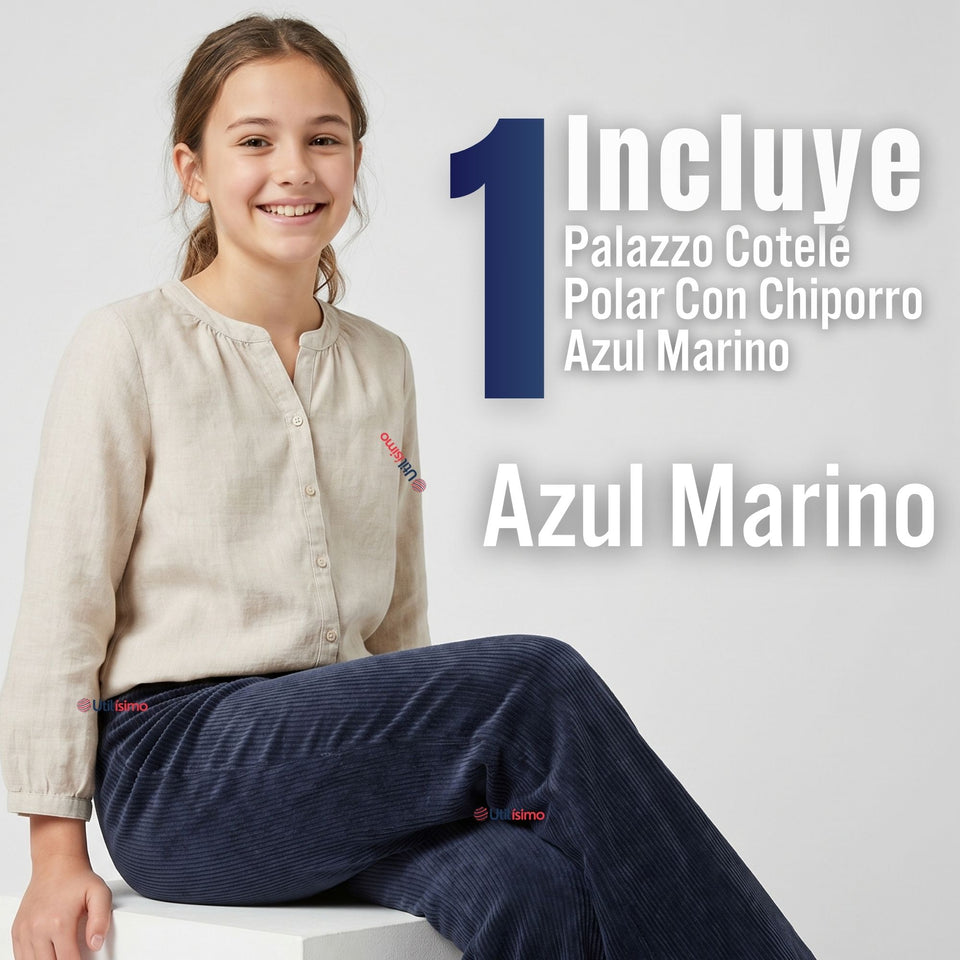 Calza Palazzo Polar Con Chiporro  Niña Juvenil Elasticada Térmica Navy Blue