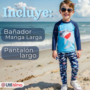 Traje de Baño Manga Larga Pantalón Largo 2 Piezas Corte Split Niño 3 a 11 años Blue Shark