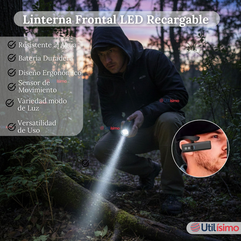 Linterna Frontal  LED Recargable con Gancho Extraible
