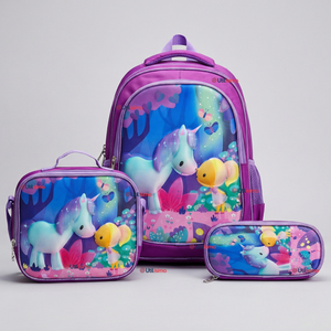 Mochila Escolar Con Ruedas + Estuche + Lonchera 46cm Desmontable Poliéster Morado Unicornio Niña