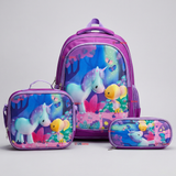 Mochila Escolar Con Ruedas + Estuche + Lonchera 46cm Desmontable Poliéster Morado Unicornio Niña