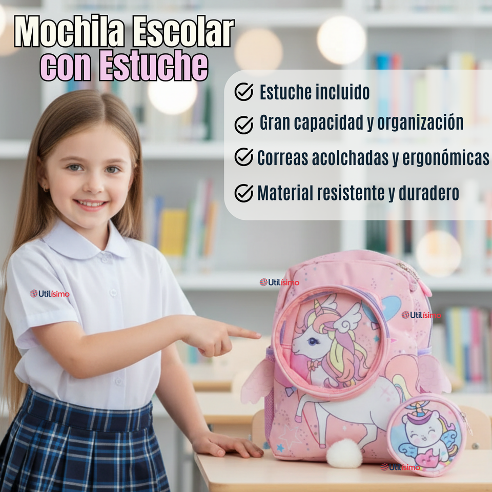 Mochila Escolar Con Estuche 33cm Poliéster Impermeable Unicornio Niña