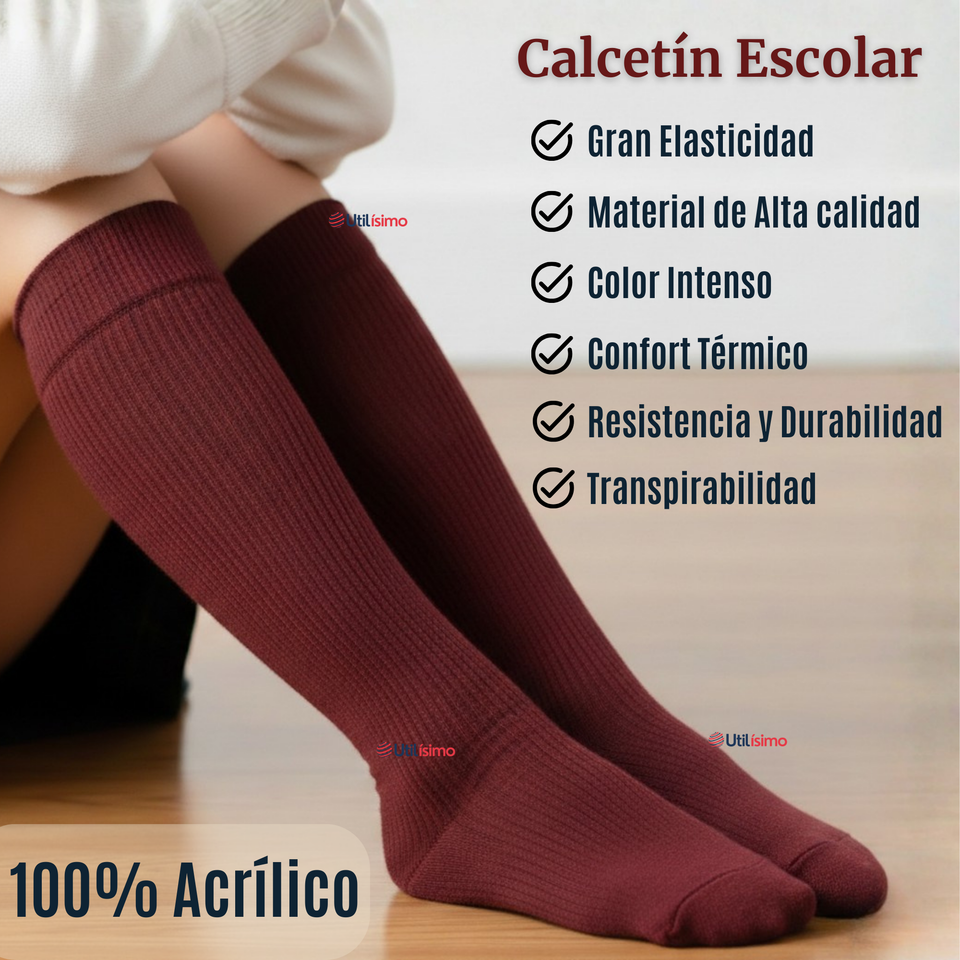 Pack 6 Calcetínes Escolares Largo Acrílico Burdeo Niñas Juvenil Color Vino